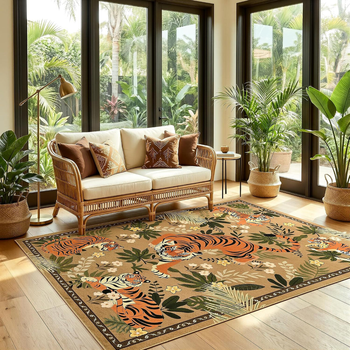 Zentavio Tiger Area Rug 6x9, Vintage Safari Animal Print Rug, Washable Non Slip Boho Camel Carpet for Living Room Bedroom