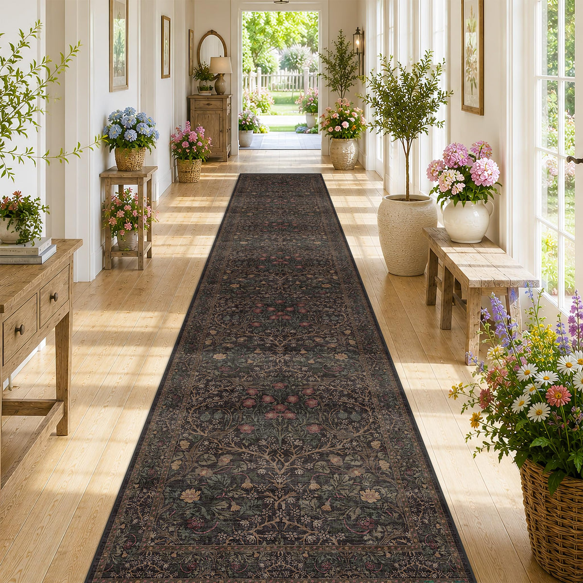 Floral Dark Green Washable Area Rugs 8x10, Vintage Living Room Rug