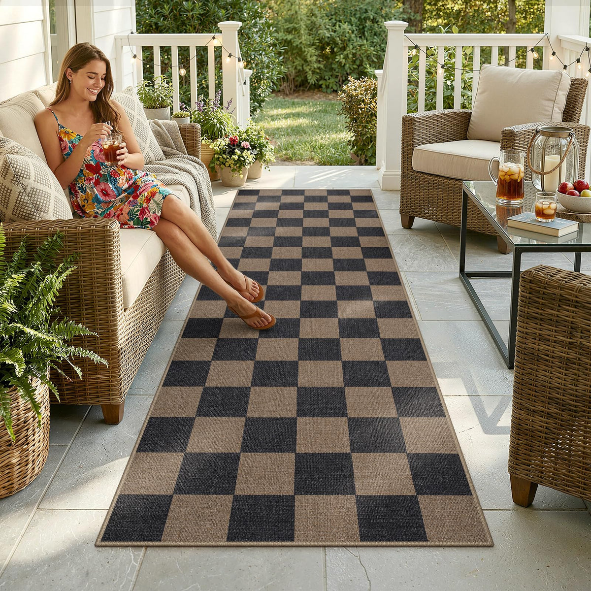 Lahome Checkered Easy Jute 5x7 Area Rugs, Washable Outdoor Patio Rug for Living Room Diamond Indoor Outdoor Carpet, Farmhouse Geometric Non Slip Black Carpet for Backyard Dining Room
