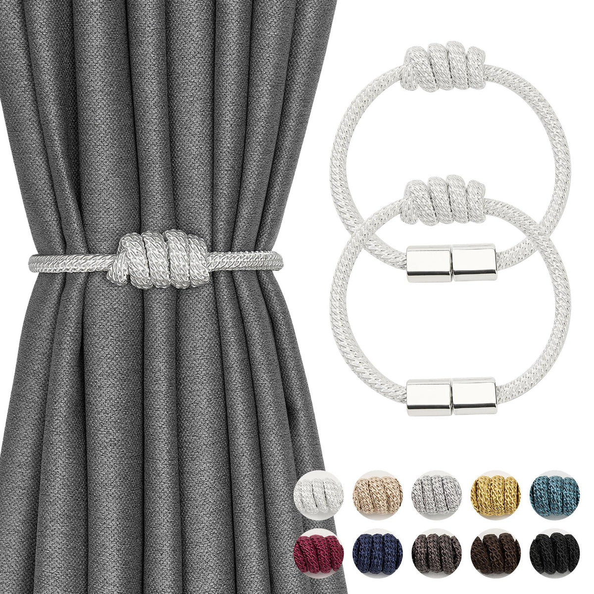 NICEEC 2 Pack Mini Magnetic Curtain Tiebacks Modern Simple Style Drape Tie Backs Elegant Hand Weave Rope Knot Decorative Curtain Holdbacks for Home & Office Window Drapery (Dark Grey)