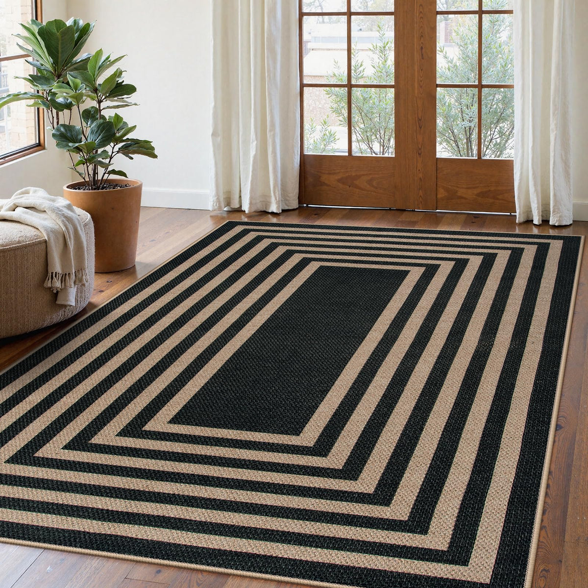 Lahome Modern Rainbow Easy Jute Carpet, Washable 5x7 Area Rugs for Living Room Patio Black Farmhouse Indoor Outdoor Rugs, Contemporary Natural Non Slip Floor Carpet for Office RV Backyard