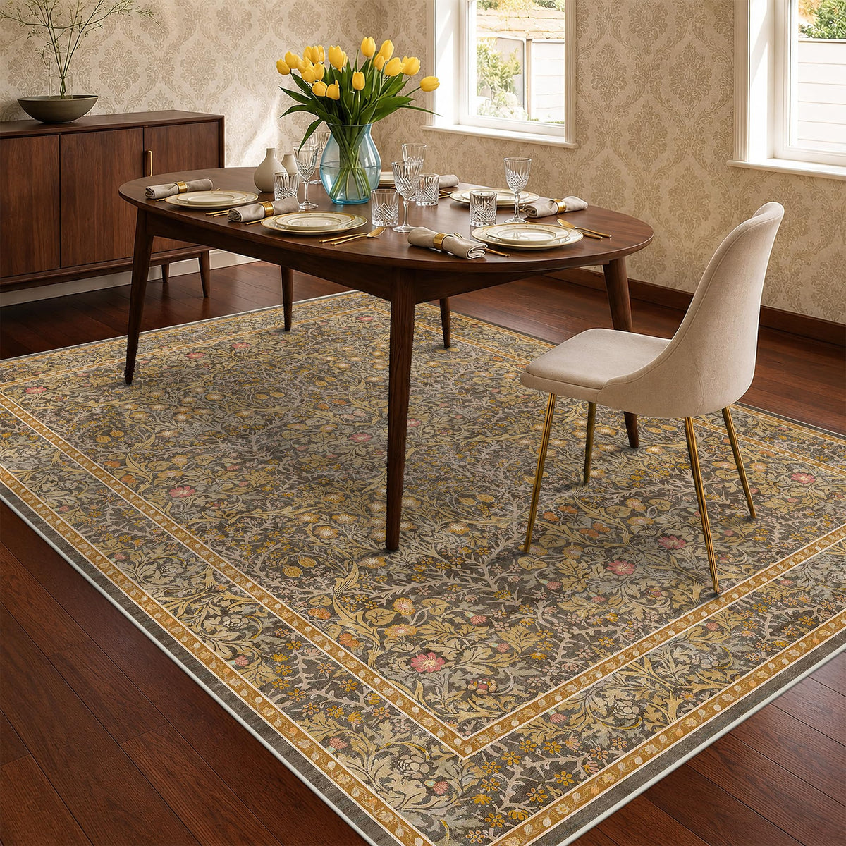 Floral Dark Green Washable Area Rugs 8x10, Vintage Living Room Rug