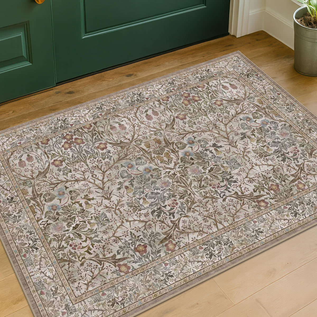Floral Dark Green Washable Area Rugs 8x10, Vintage Living Room Rug