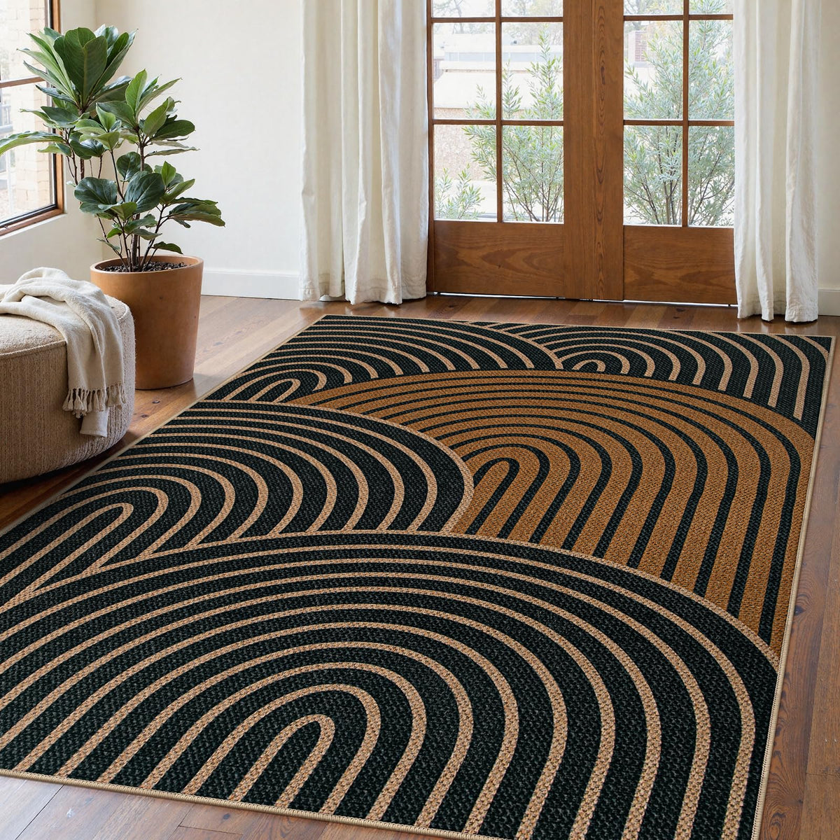 Lahome Modern Rainbow Easy Jute Carpet, Washable 5x7 Area Rugs for Living Room Patio Black Farmhouse Indoor Outdoor Rugs, Contemporary Natural Non Slip Floor Carpet for Office RV Backyard