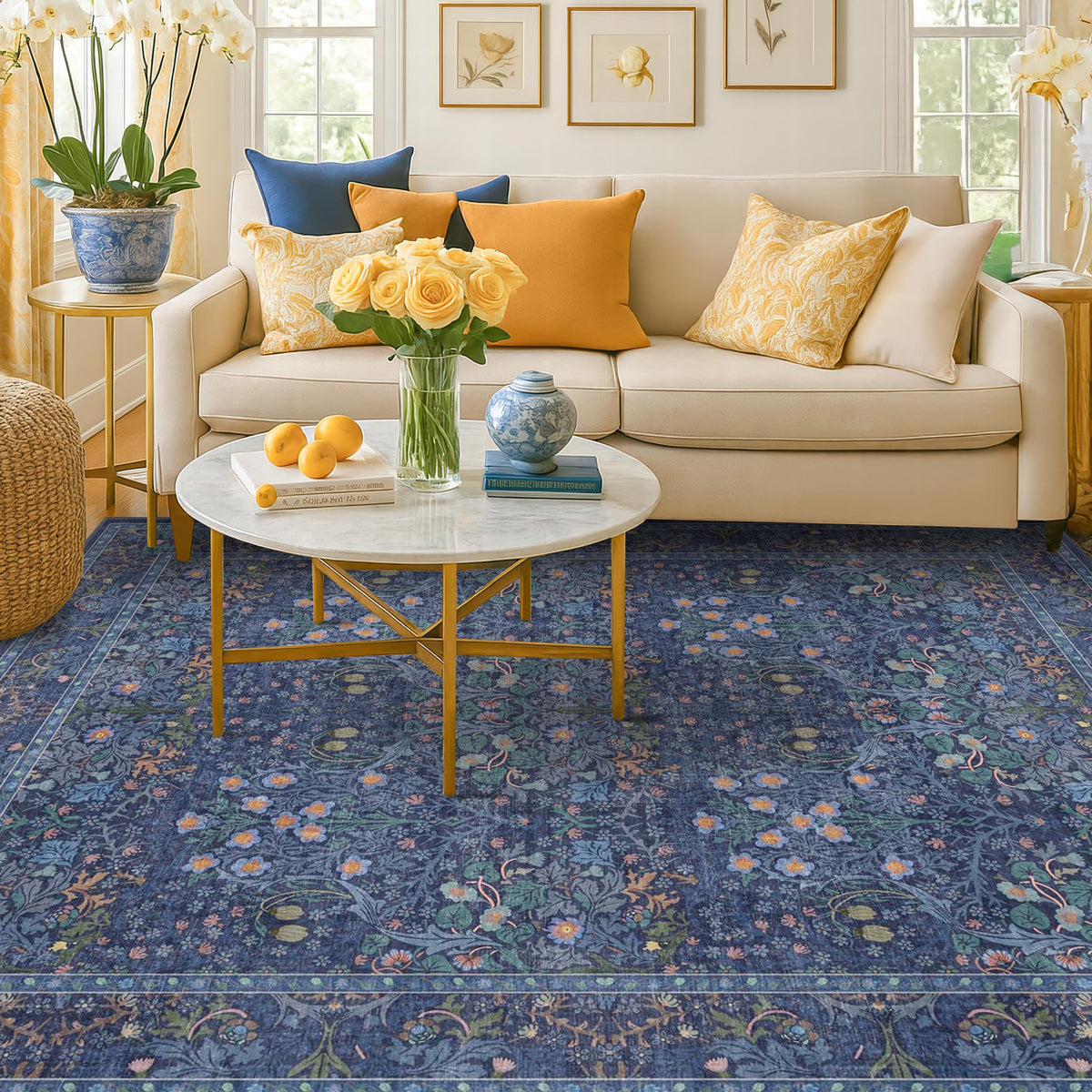 Floral Dark Green Washable Area Rugs 8x10, Vintage Living Room Rug