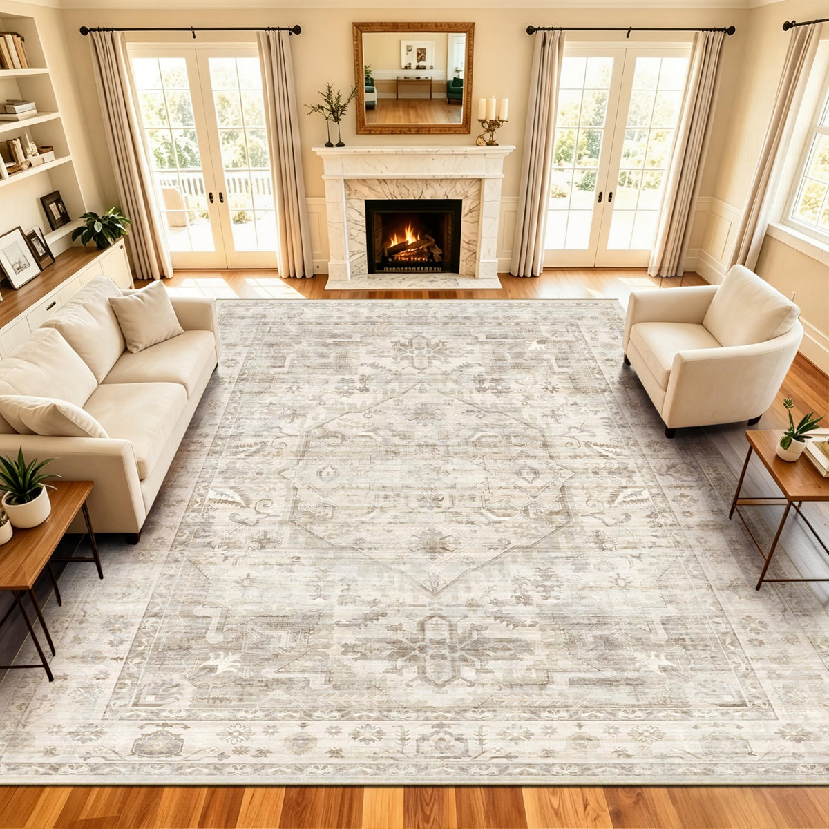 8x10 Geometric Washable Area Rug, Rugs for Living Room, Blue Grey