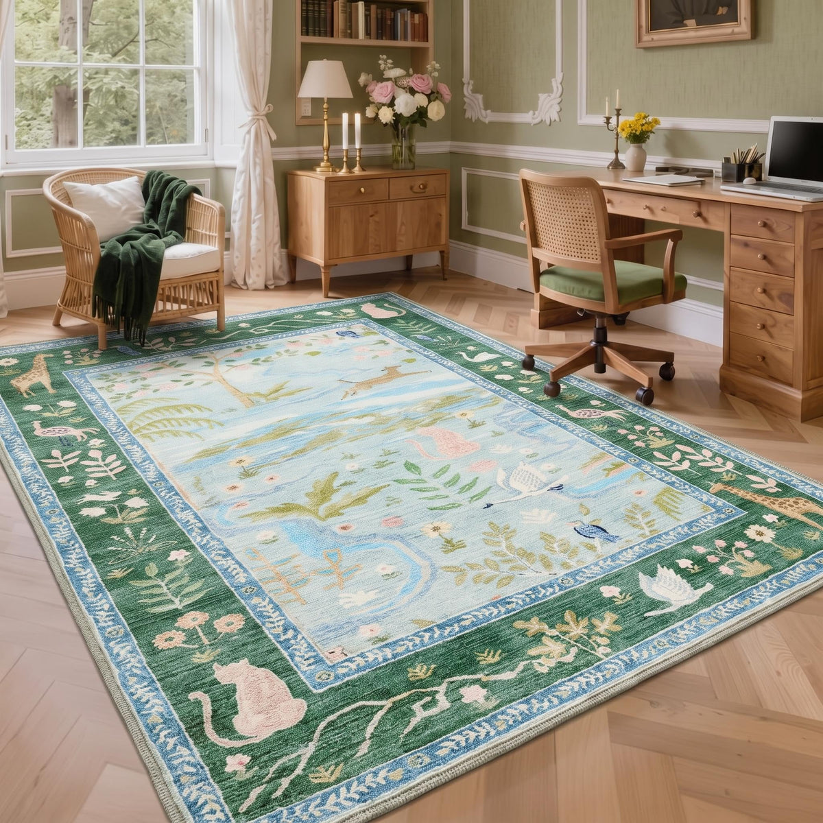 Washable Area Rug 5x7 Green Animal Print Rugs for Nursery Non Slip Stain Resistant Forest Fairy Tale Throw Carpet Low Pile Whimsical Safari Area Rugs for Entryway Girls Bedroom Dining Room, Green