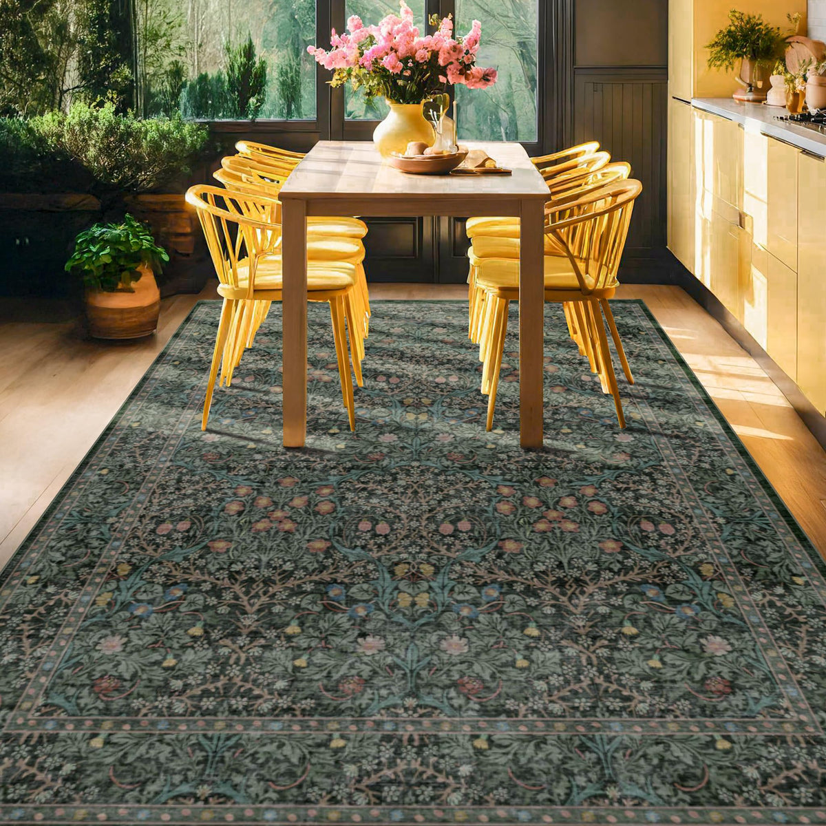 Floral Dark Green Washable Area Rugs 8x10, Vintage Living Room Rug