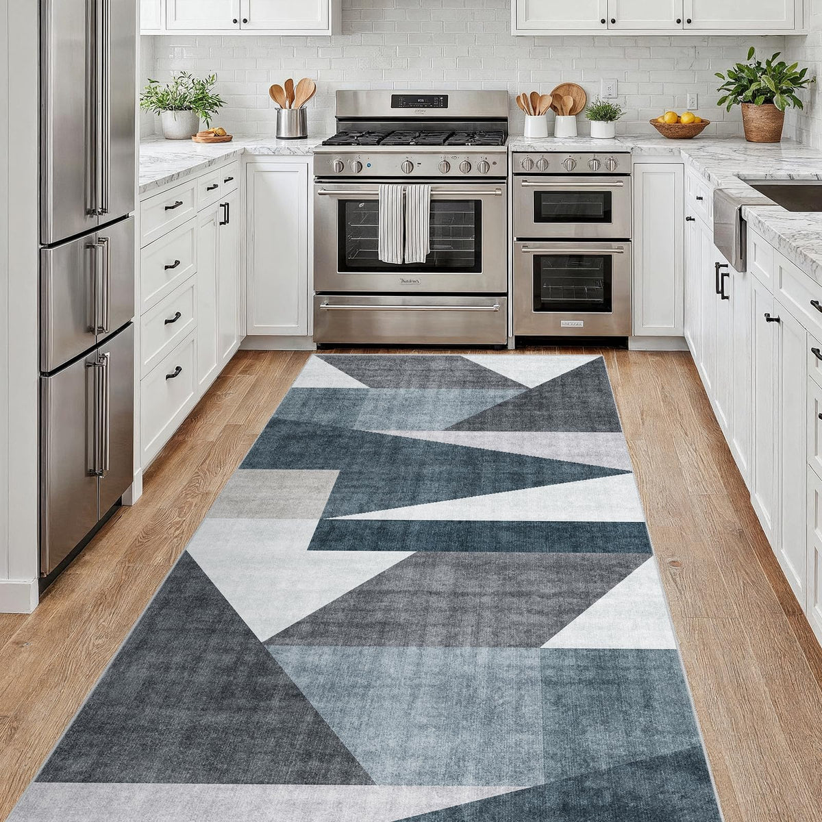 5x7 Washable Area Rug for Living Room - Non-Slip Geometric Rugs Blue Grey