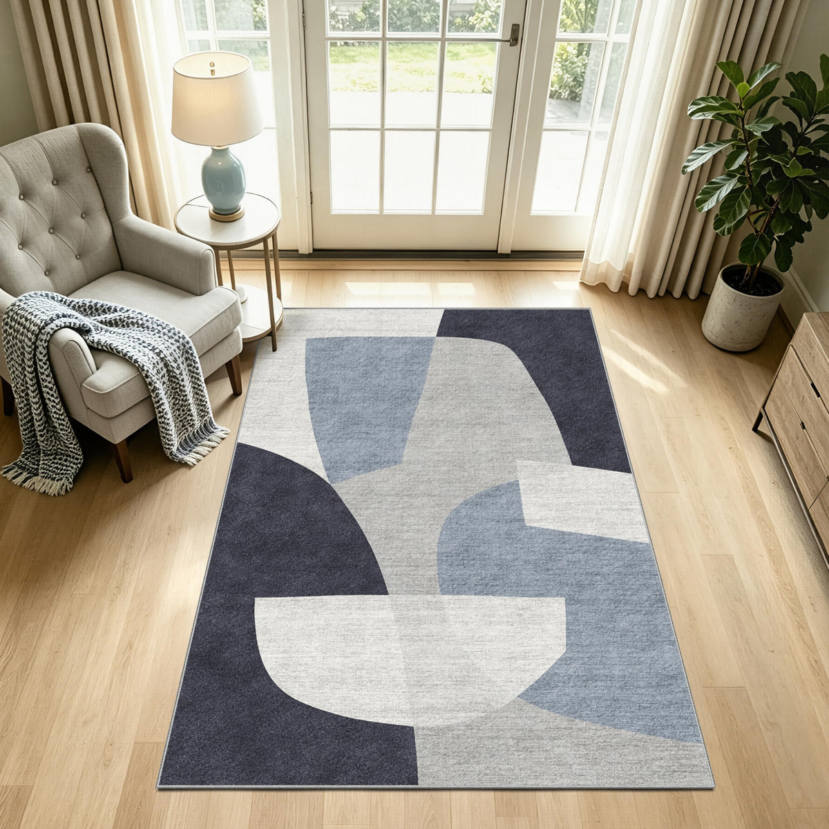 8x10 Geometric Washable Area Rug, Rugs for Living Room, Blue Grey