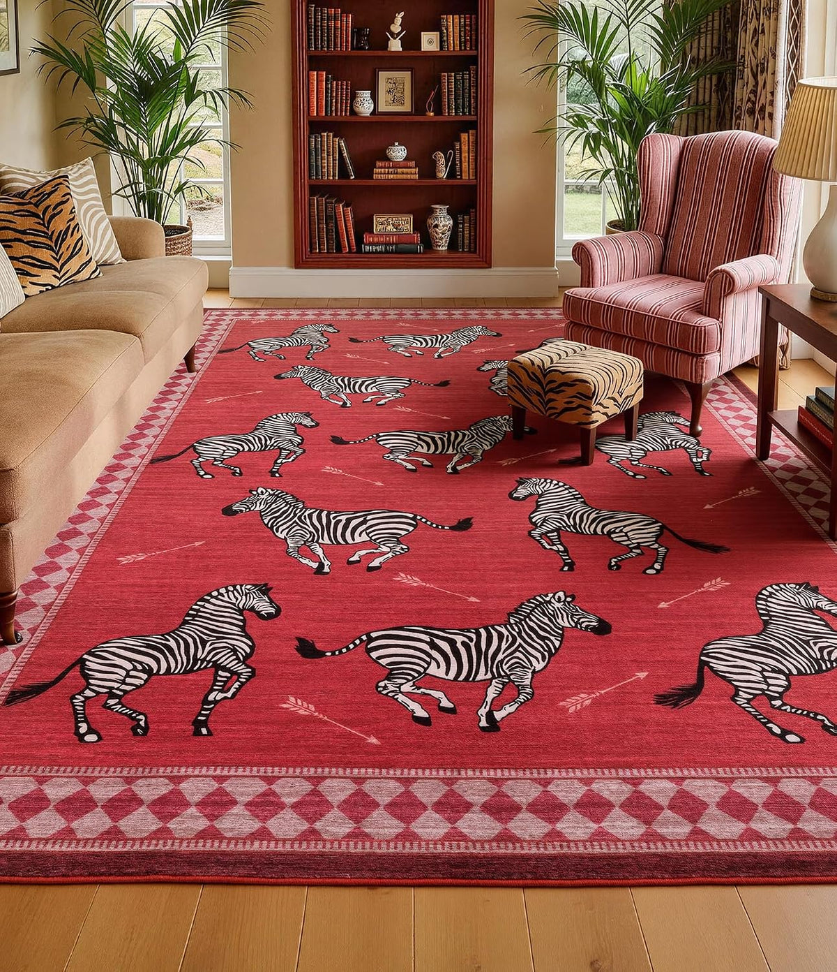 YIHOUSE Red Zebra Area Rugs 5×7, Washable Animal Print Rug with Checkered Border, Non-Slip Low Pile Mid-Century Modern Carpet for Living Room, Bedroom, Dining Room, Home Decor