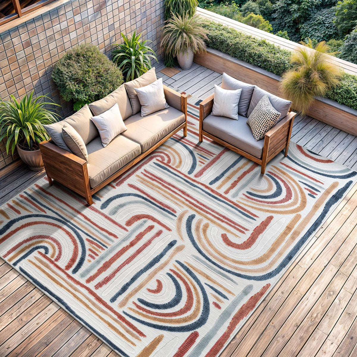 CAMILSON Indoor Outdoor Rug, Multicolor 6x9 Geometric Arch Striped Area Rugs for Patio and Home Areas, Easy-Cleaning Non-Shedding Living Room, Garden and Deck Washable Outside Carpet (6 x 9)