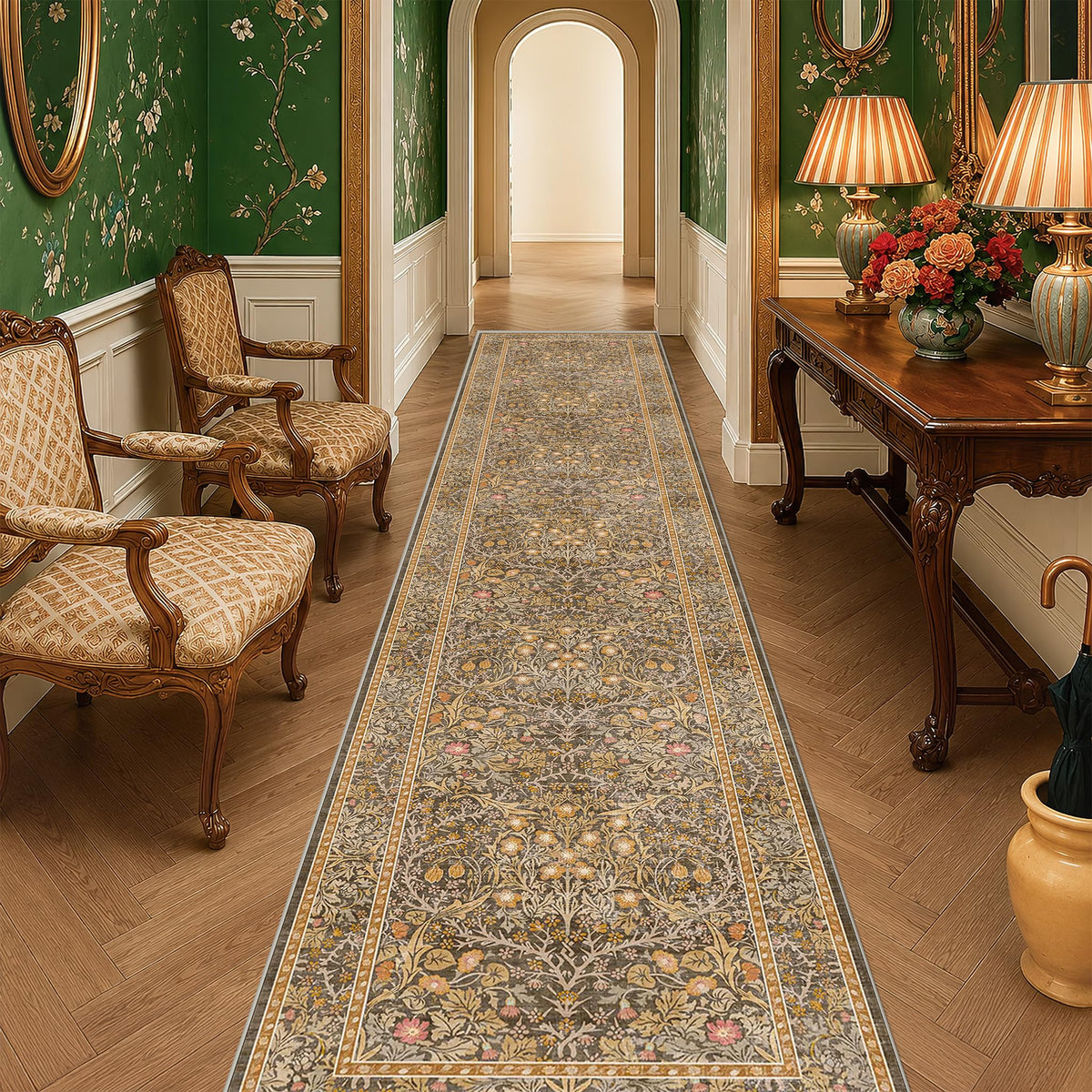 Floral Dark Green Washable Area Rugs 8x10, Vintage Living Room Rug