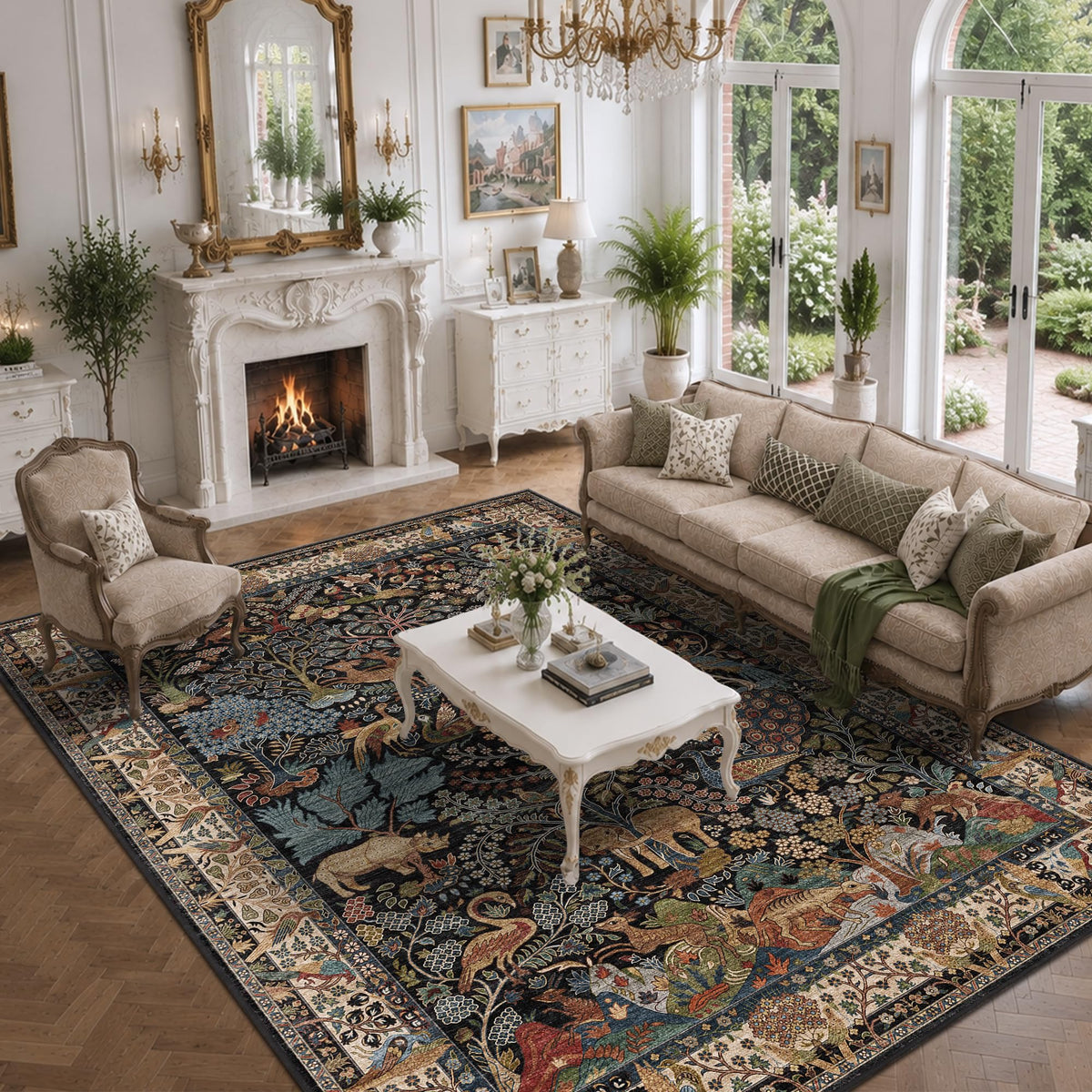 5x7 Washable Area Rug Vintage Animals Print Boho Indoor Carpet