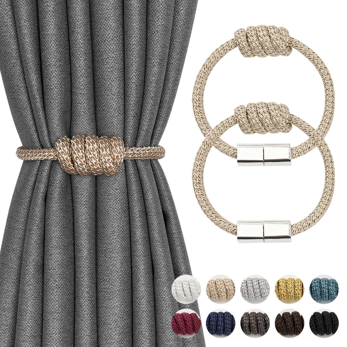 NICEEC 2 Pack Mini Magnetic Curtain Tiebacks Modern Simple Style Drape Tie Backs Elegant Hand Weave Rope Knot Decorative Curtain Holdbacks for Home & Office Window Drapery (Dark Grey)