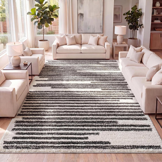 JONATHAN Y Khalil Modern Berber Stripe Cream/Black Indoor Area Rug, 8x10, Contemporary, Bohemian, Easy-Cleaning for Living Room, Bedroom, Kitchen, Pet Friendly, Non-Shedding (MOH207A-8)
