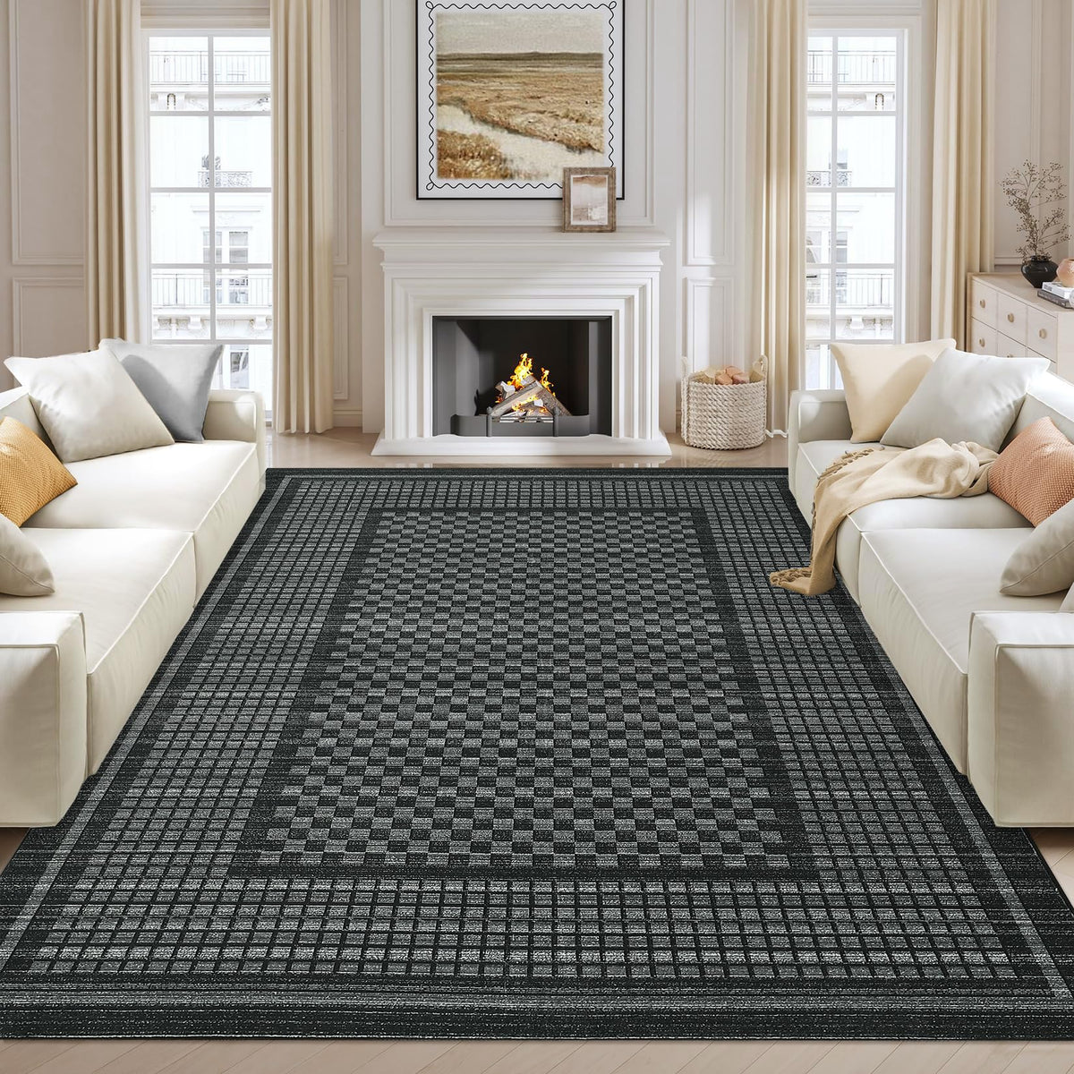 Large Living Room Rugs 8x10 Area Rugs Machine Washable Modern Geometric Neutral Rug Non Slip Low Pile Farmhouse Stain Resistant Carpet for Bedroom Nursery Classroom Dorm 8'x10' Multi