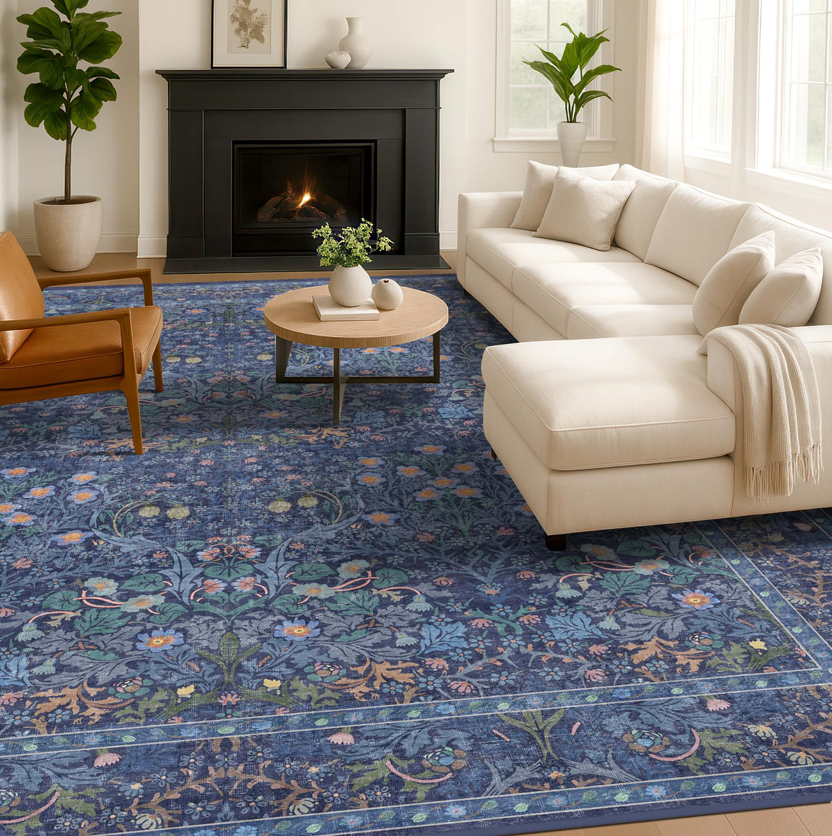Floral Dark Green Washable Area Rugs 8x10, Vintage Living Room Rug