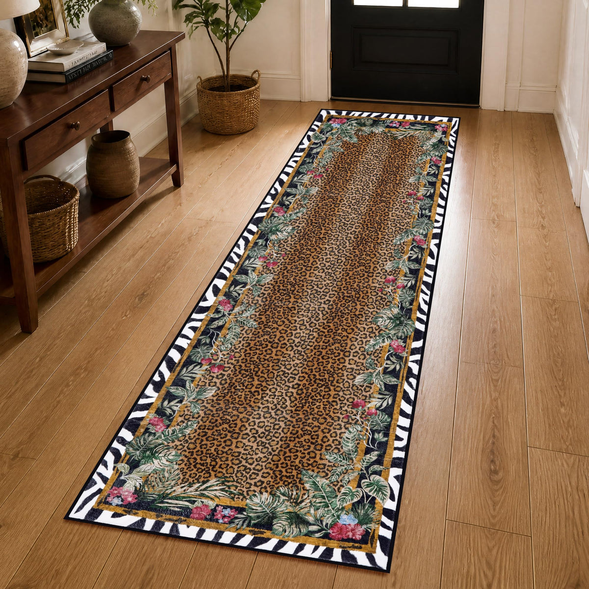 Leopard Area Rugs for Living Room 5×7, Washable Cheetah Rug with Zebra-Striped Border, Non-Slip Low Pile Animal Print Carpet for Bedroom, Dining Room, Playroom, Home Decor