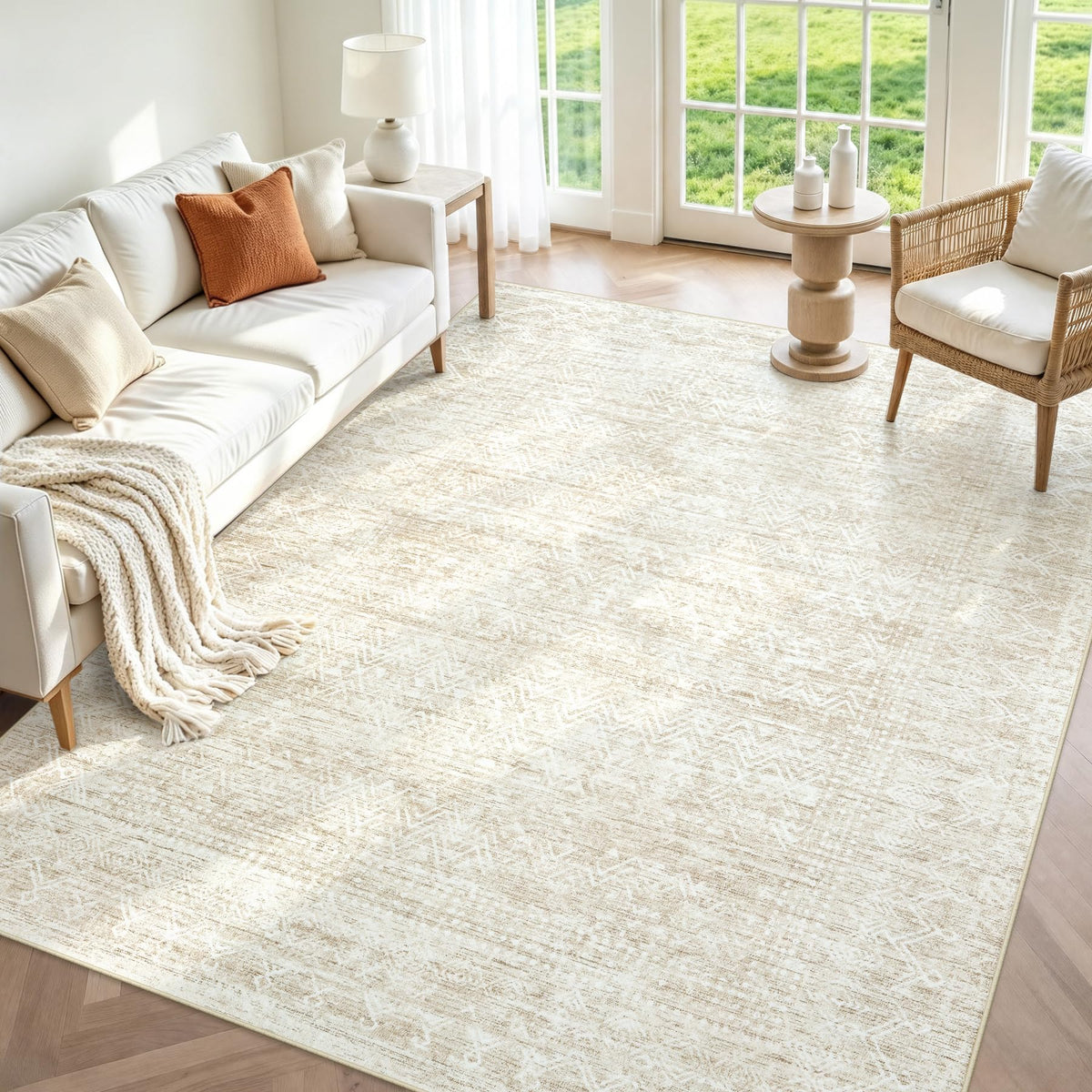 8x10 Area Rugs, Beige Washable Geometric Boho Rug for Living Room, Bedroom