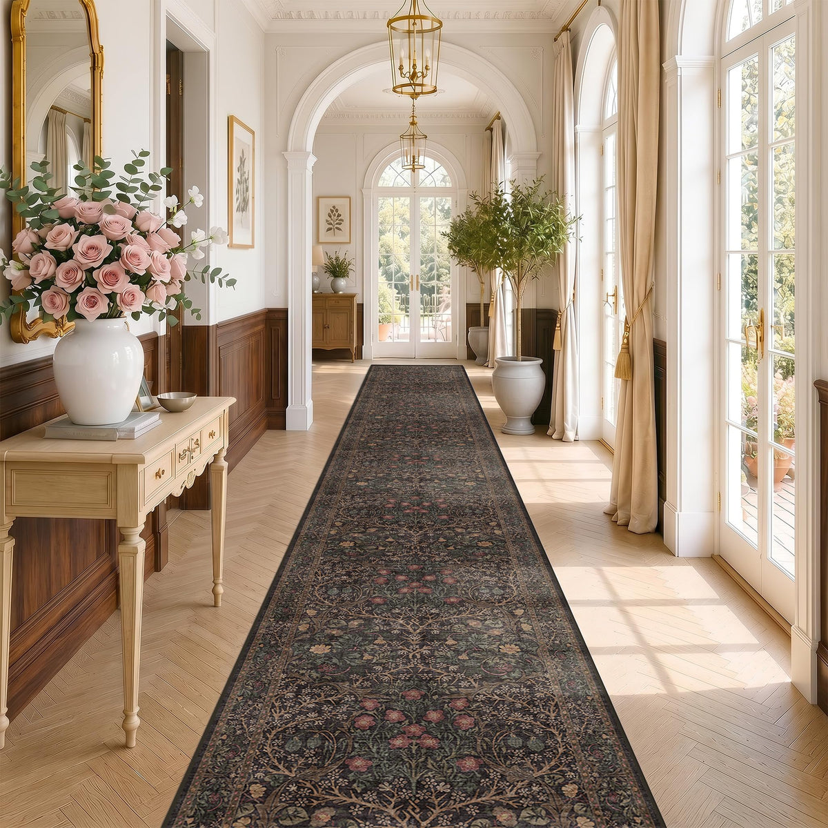 Floral Dark Green Washable Area Rugs 8x10, Vintage Living Room Rug