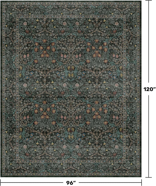 Floral Dark Green Washable Area Rugs 8x10, Vintage Living Room Rug
