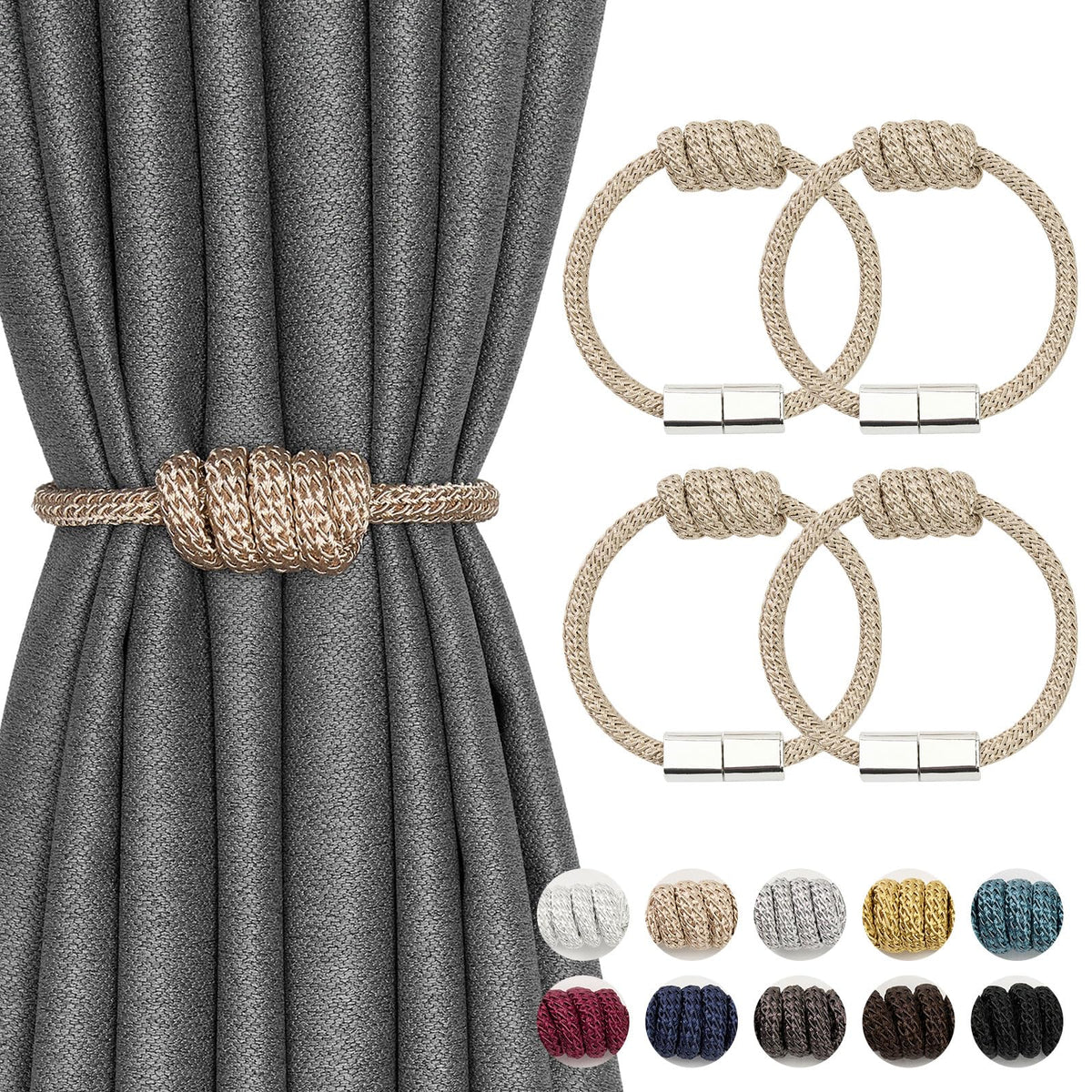 NICEEC 2 Pack Mini Magnetic Curtain Tiebacks Modern Simple Style Drape Tie Backs Elegant Hand Weave Rope Knot Decorative Curtain Holdbacks for Home & Office Window Drapery (Dark Grey)