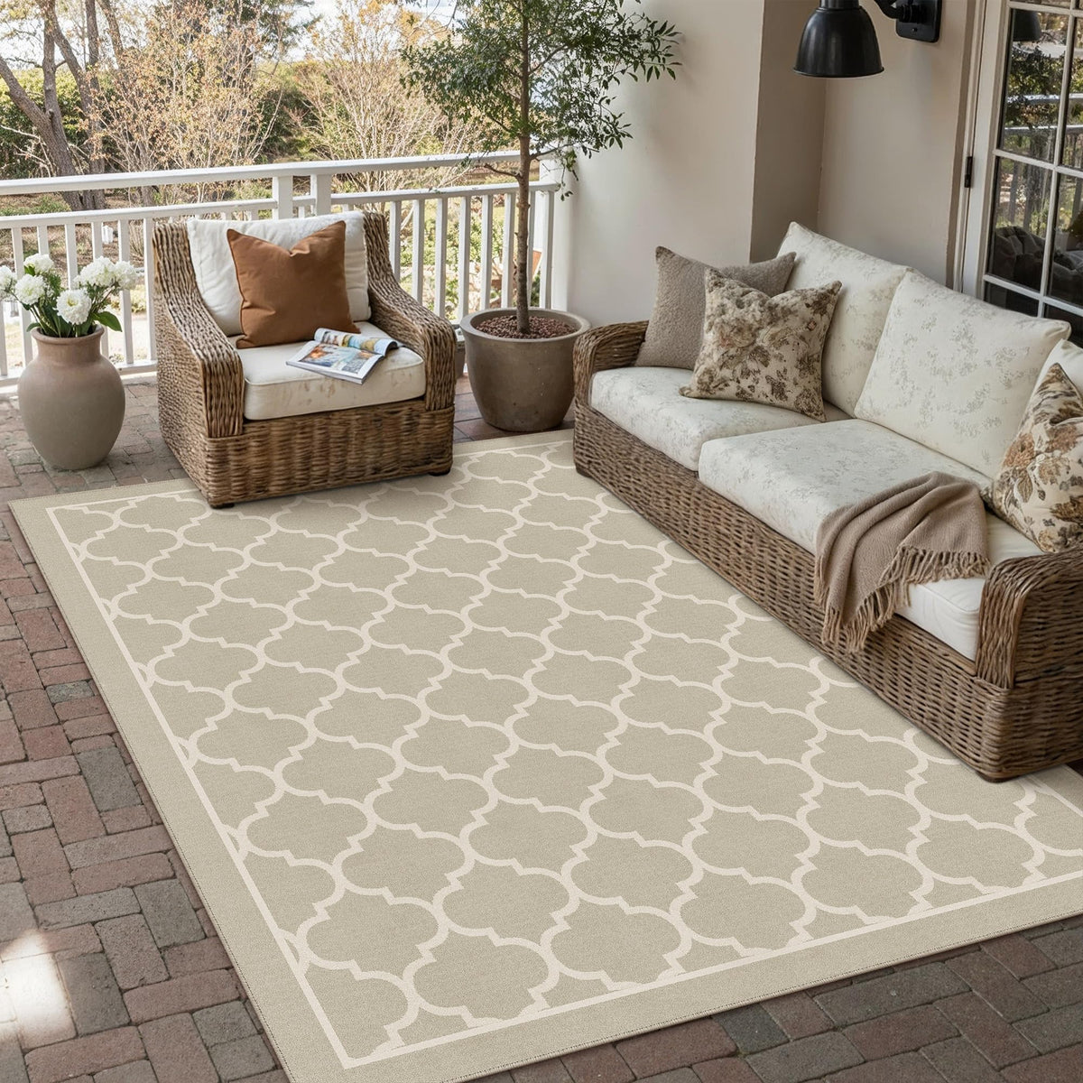 PureCozy 8x10 Washable Area Rug Living Room Beige Non Slip Checkered Carpet