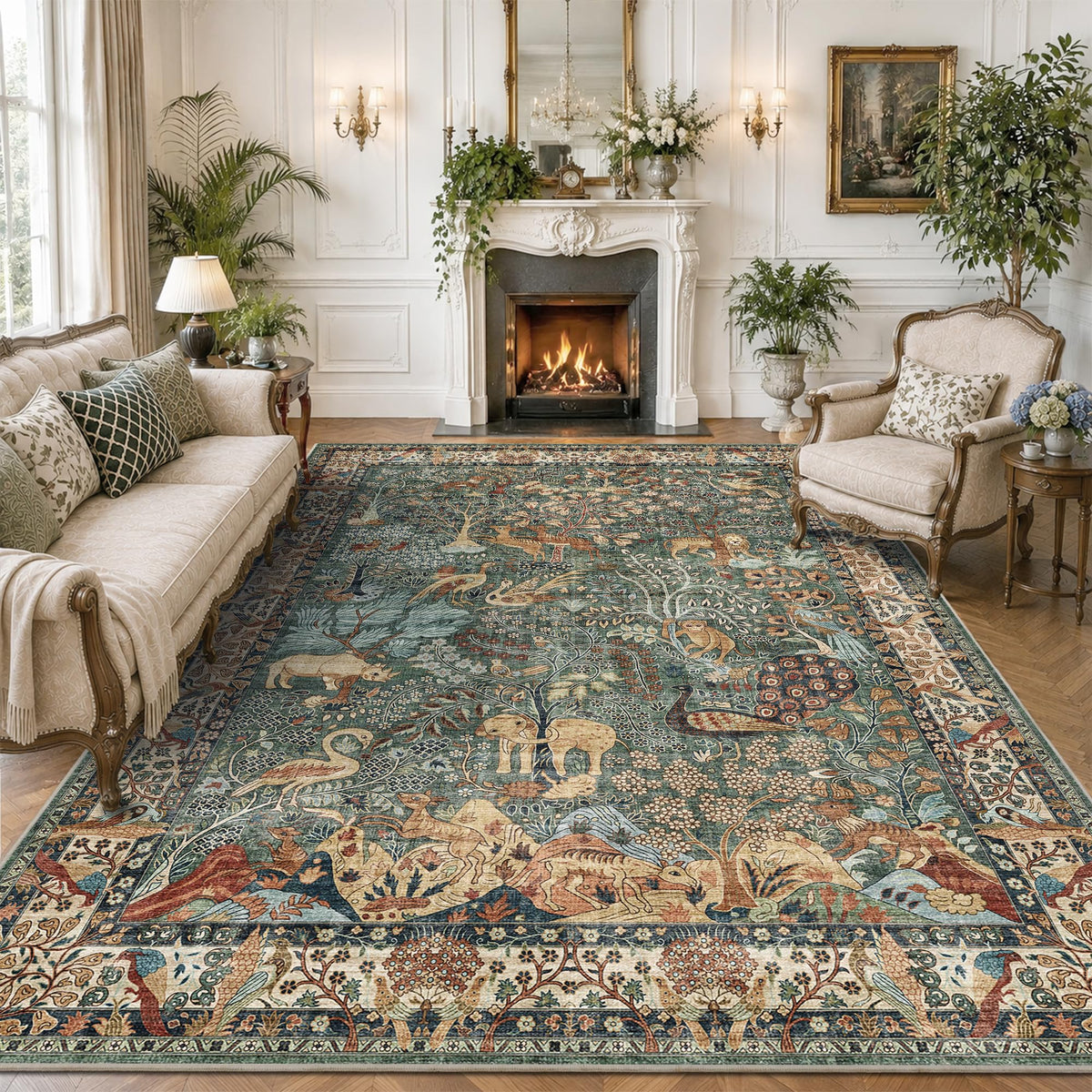 5x7 Washable Area Rug Vintage Animals Print Boho Indoor Carpet
