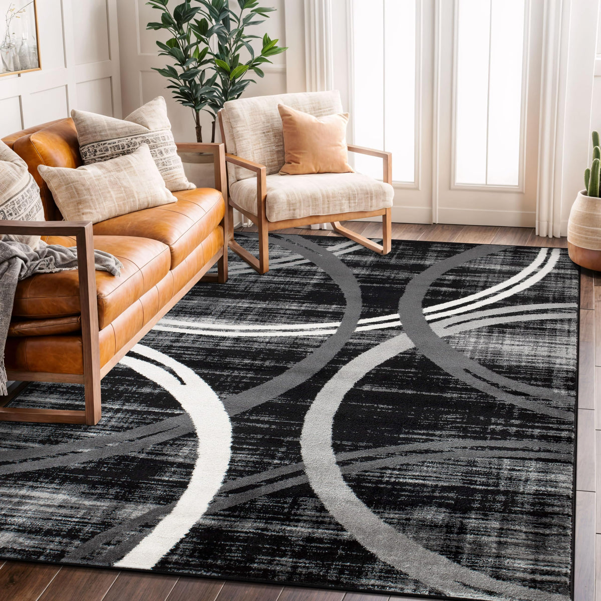 Rugshop Wavy Circles Fade-Resistant Living Room Area Rug Gray 5'3" x 7'3"