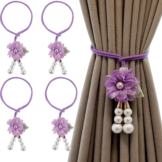Adjustable Curtain Tiebacks， 4-Pack Hand-Woven Rope with Silk Flower & Pearl， Decorative Window Cord Holders for Drapery， Long Loop Design for All Curtain Thickness (Purple)