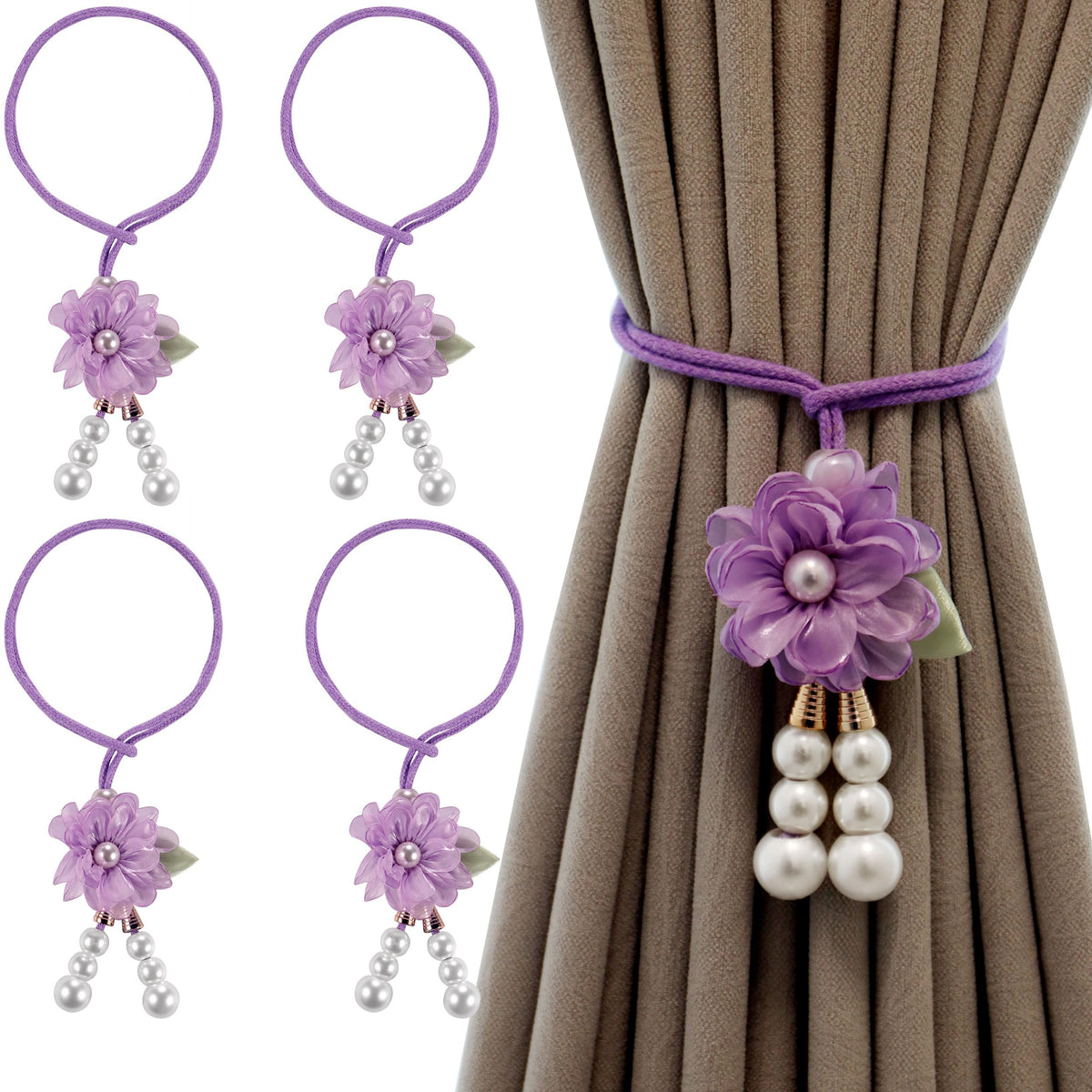 Adjustable Curtain Tiebacks， 4-Pack Hand-Woven Rope with Silk Flower & Pearl， Decorative Window Cord Holders for Drapery， Long Loop Design for All Curtain Thickness (Purple)