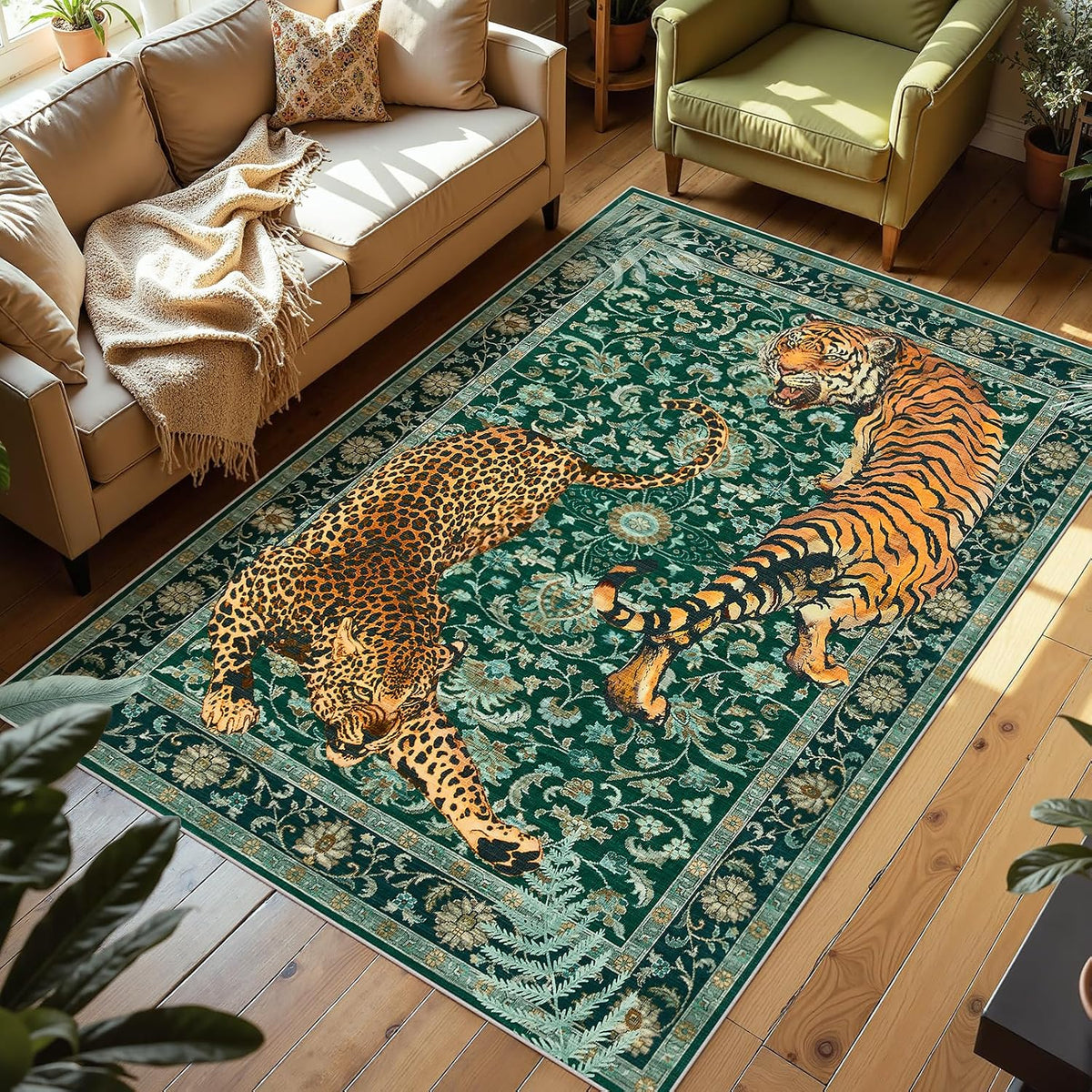 Joydeco Tiger Cheetah Animal Print 5x7 Washable Rug for Living Room Bedroom