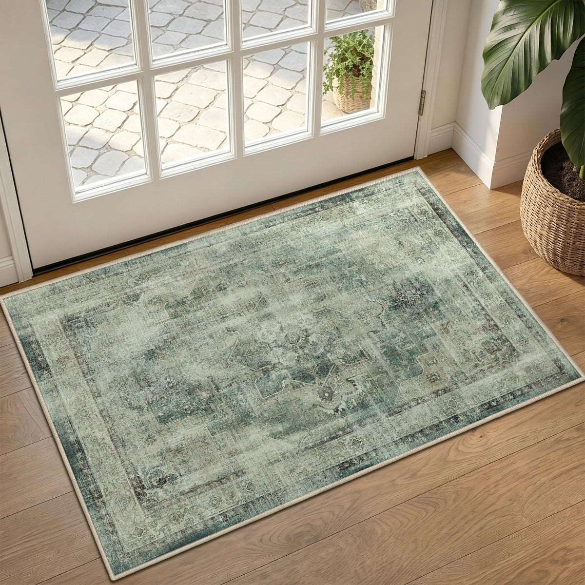 Vintage Distressed 5x7 Area Rugs for Living Room Bedroom Non Slip Washable, Medallion Pattern Printed Low Pile Thin Carpet Rugs for Dining Room/Kitchen/Home Office, Multi Brown Olive Accents