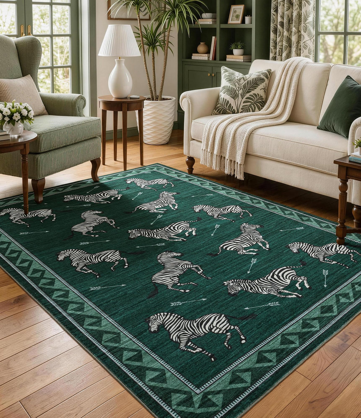 YIHOUSE Red Zebra Area Rugs 5×7, Washable Animal Print Rug with Checkered Border, Non-Slip Low Pile Mid-Century Modern Carpet for Living Room, Bedroom, Dining Room, Home Decor