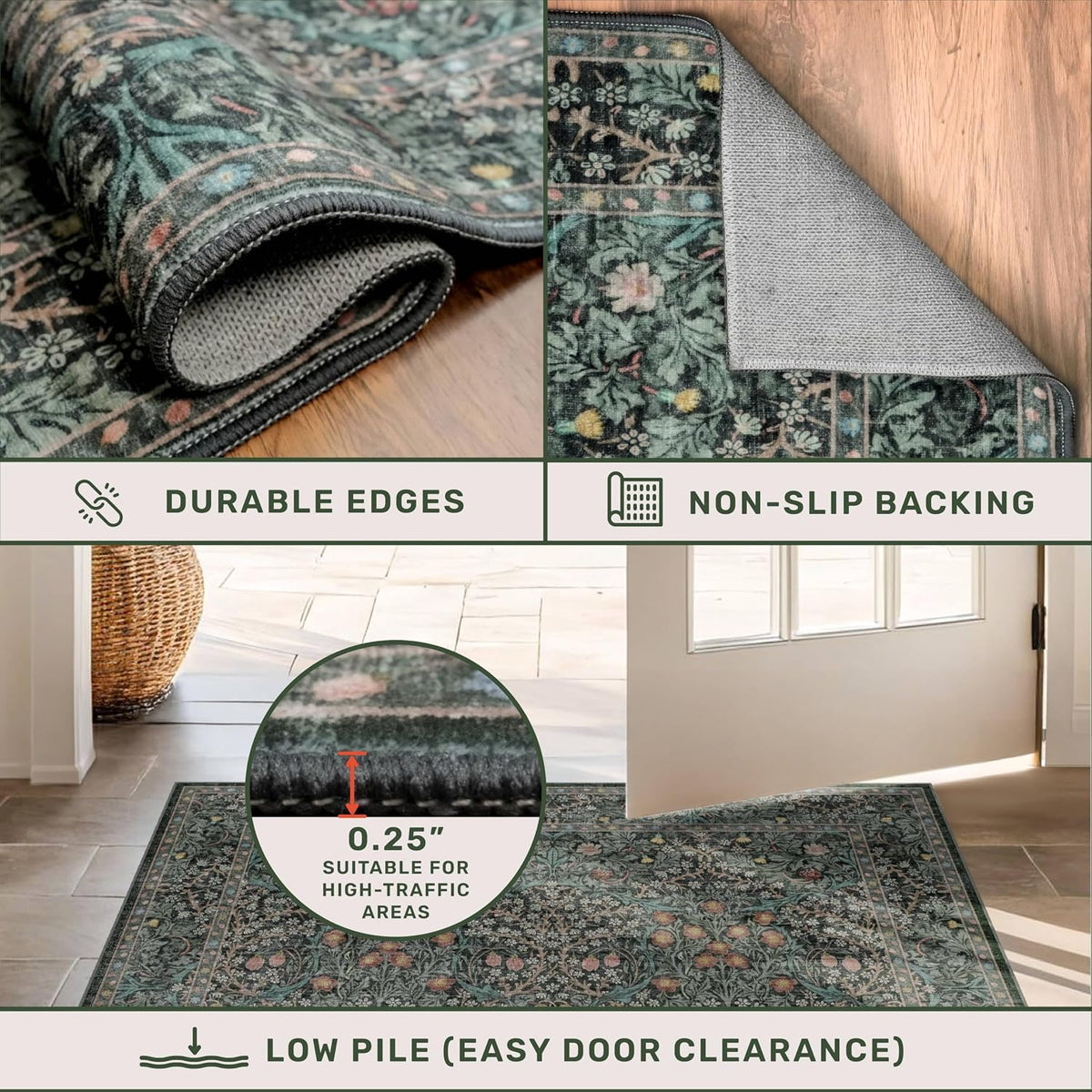 Floral Dark Green Washable Area Rugs 8x10, Vintage Living Room Rug