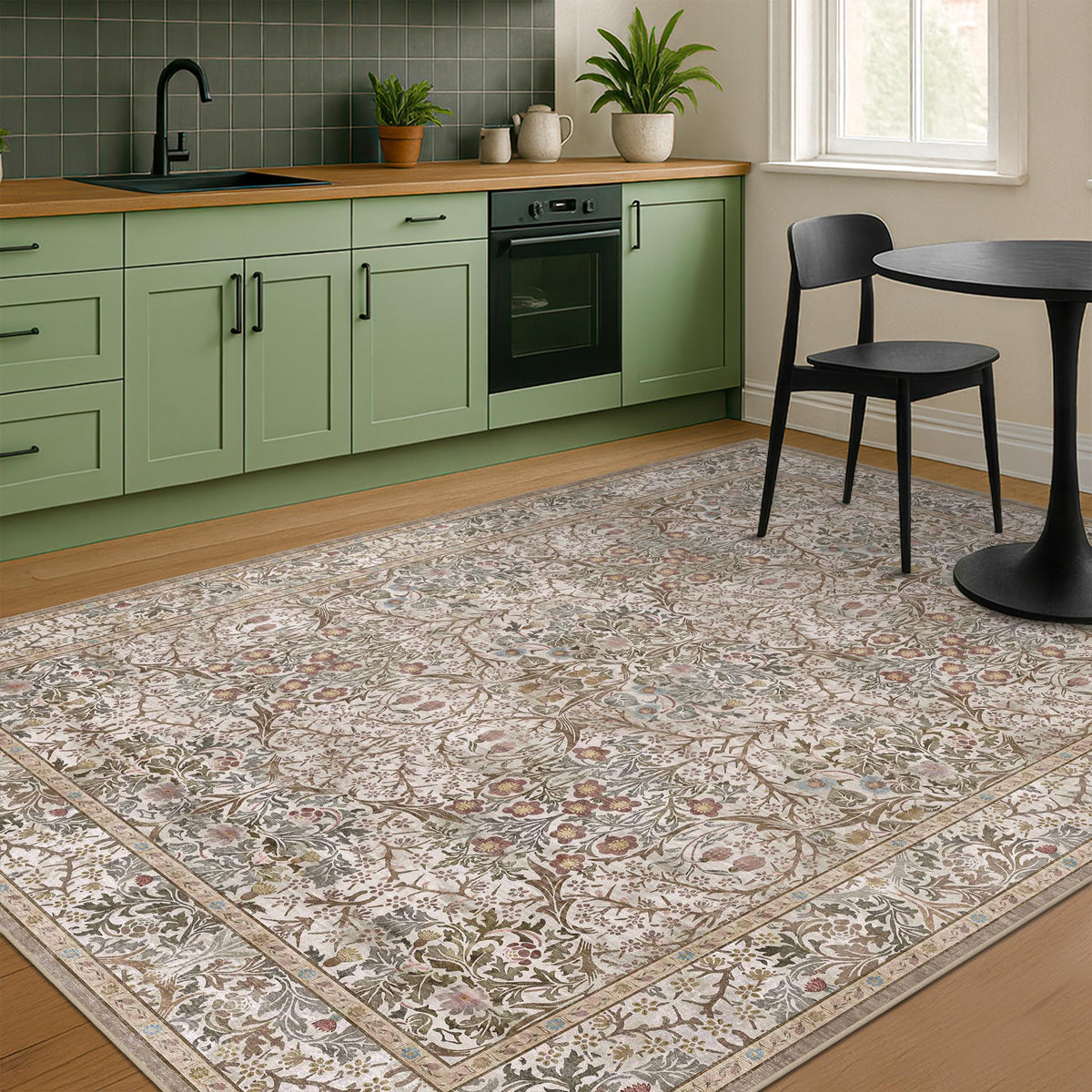 Floral Dark Green Washable Area Rugs 8x10, Vintage Living Room Rug