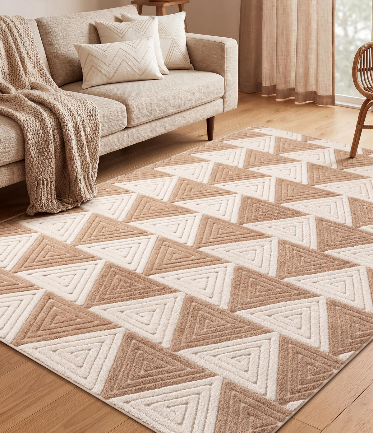 YIHOUSE Neutral Ultra Soft Area Rugs for Bedroom 5x7, Beige Geometric Rug with Triangular Patterns, Comfortable Plain Area Rug for Bedroom, Japandi Washable Rugs for Living Room