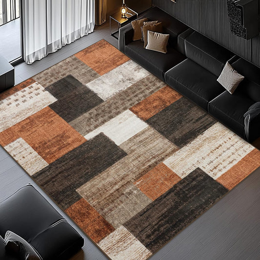Modern Geometric Patchwork Indoor Area Rug for Living Room, Orange 4x6 Large Rug Rockwood Collection Hardwood Floors Decor for Bedroom, Throw Carpet for Office Entryway Dining Room