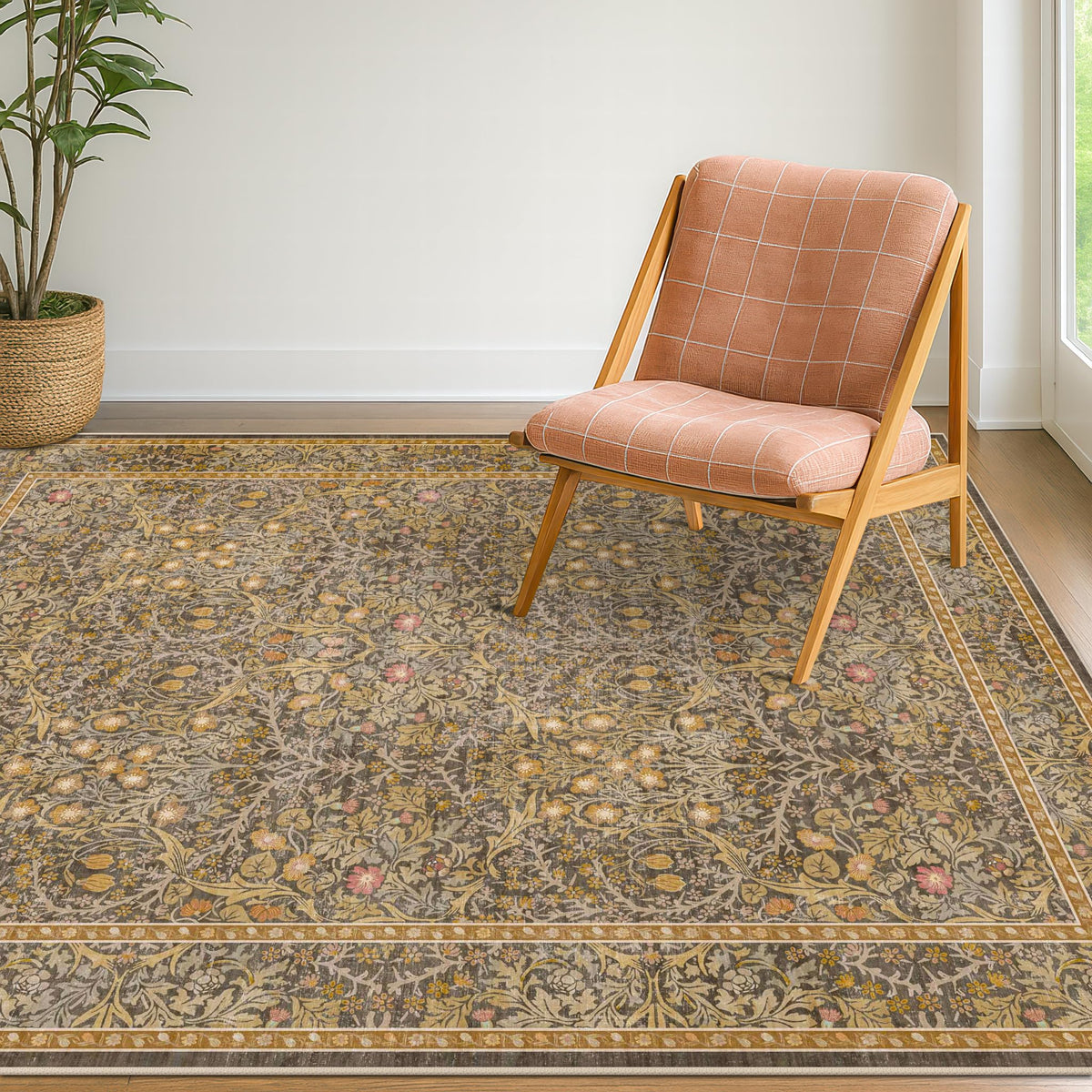 Floral Dark Green Washable Area Rugs 8x10, Vintage Living Room Rug