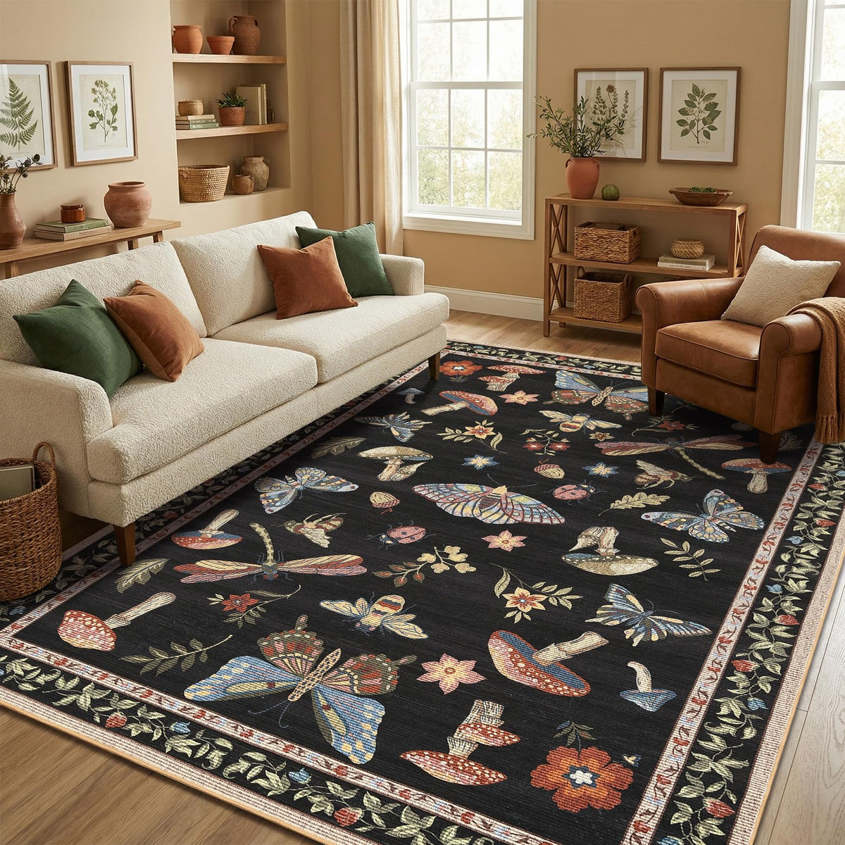 ROYHOME Mushroom Insect Washable Rug 5x7 for Bedroom Living Room Brown