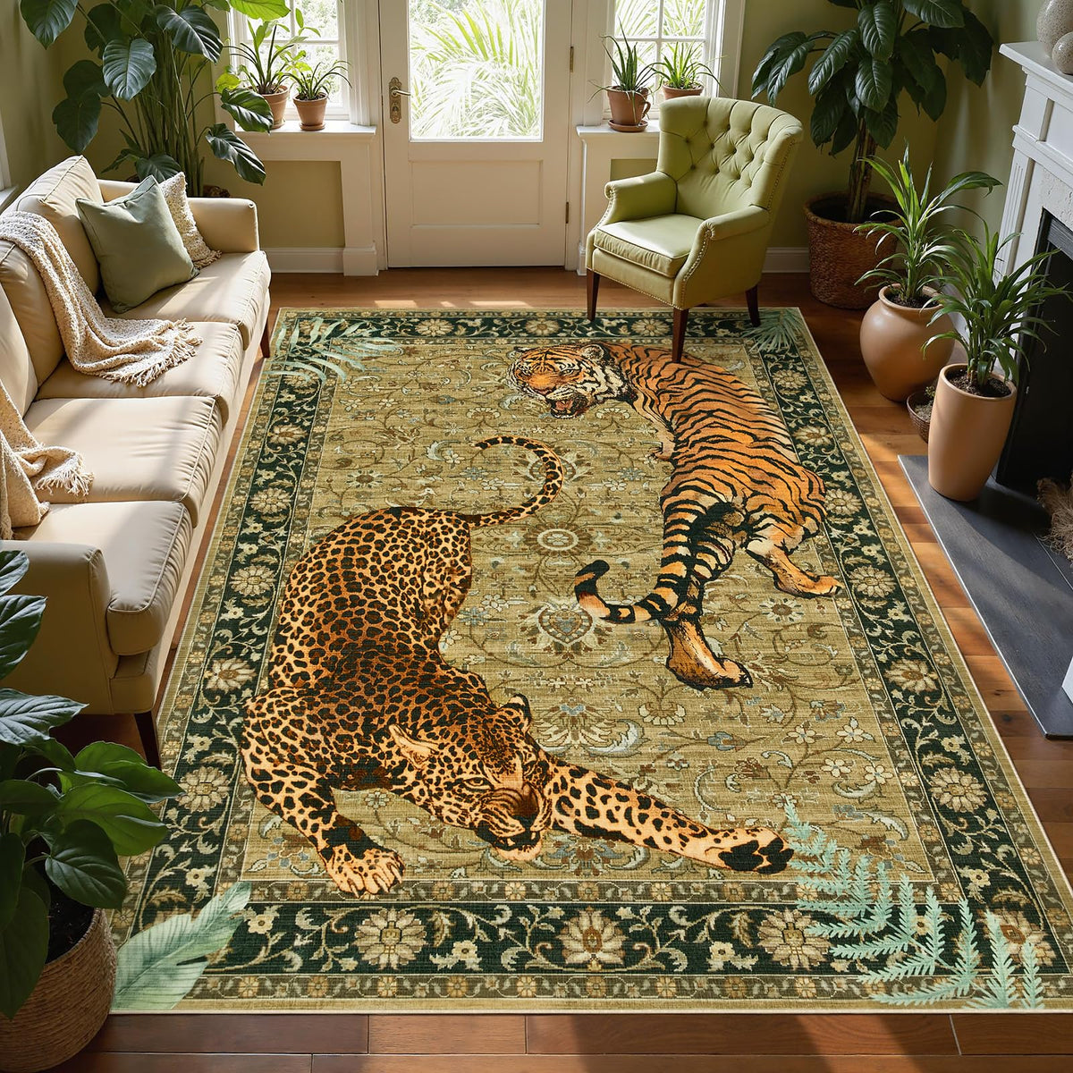 Joydeco Tiger Cheetah Animal Print 5x7 Washable Rug for Living Room Bedroom