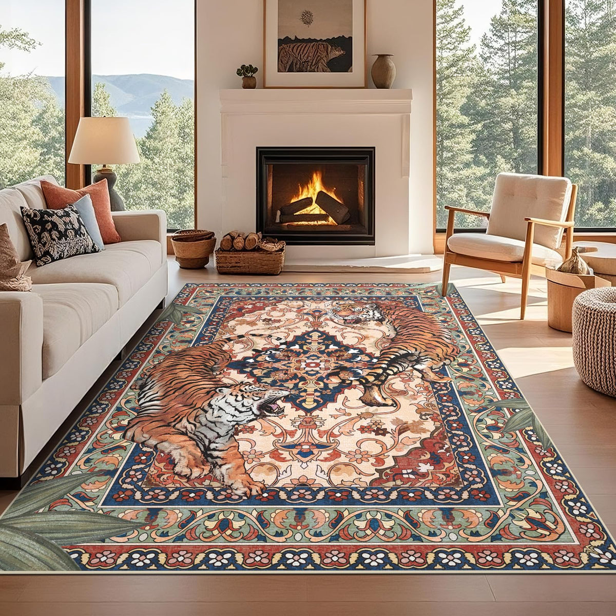 Tiger Round Area Rugs for Living Room 6ft, Boho Green Animal Print Bedroom Circle Rugs Non Slip, Washable Botanical Jungle Floor Carpet for Dining Room Entryway Nursery Playroom Office Spring