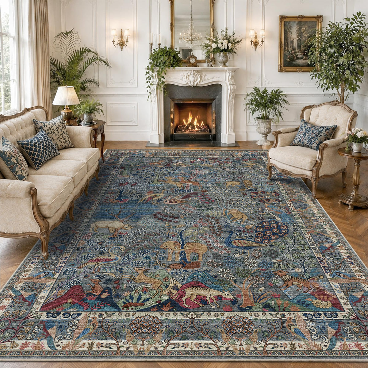 5x7 Washable Area Rug Vintage Animals Print Boho Indoor Carpet