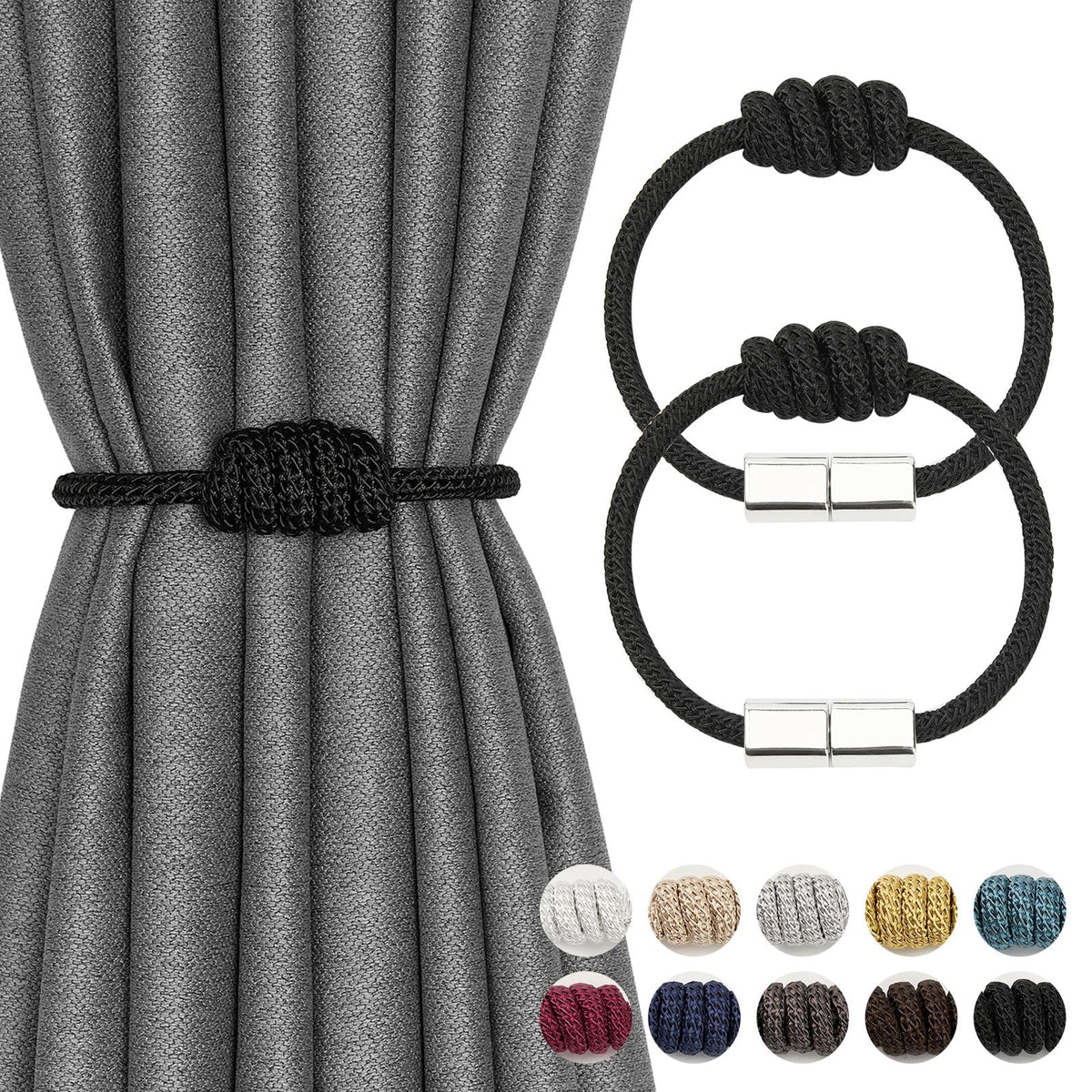 NICEEC 2 Pack Mini Magnetic Curtain Tiebacks Modern Simple Style Drape Tie Backs Elegant Hand Weave Rope Knot Decorative Curtain Holdbacks for Home & Office Window Drapery (Dark Grey)