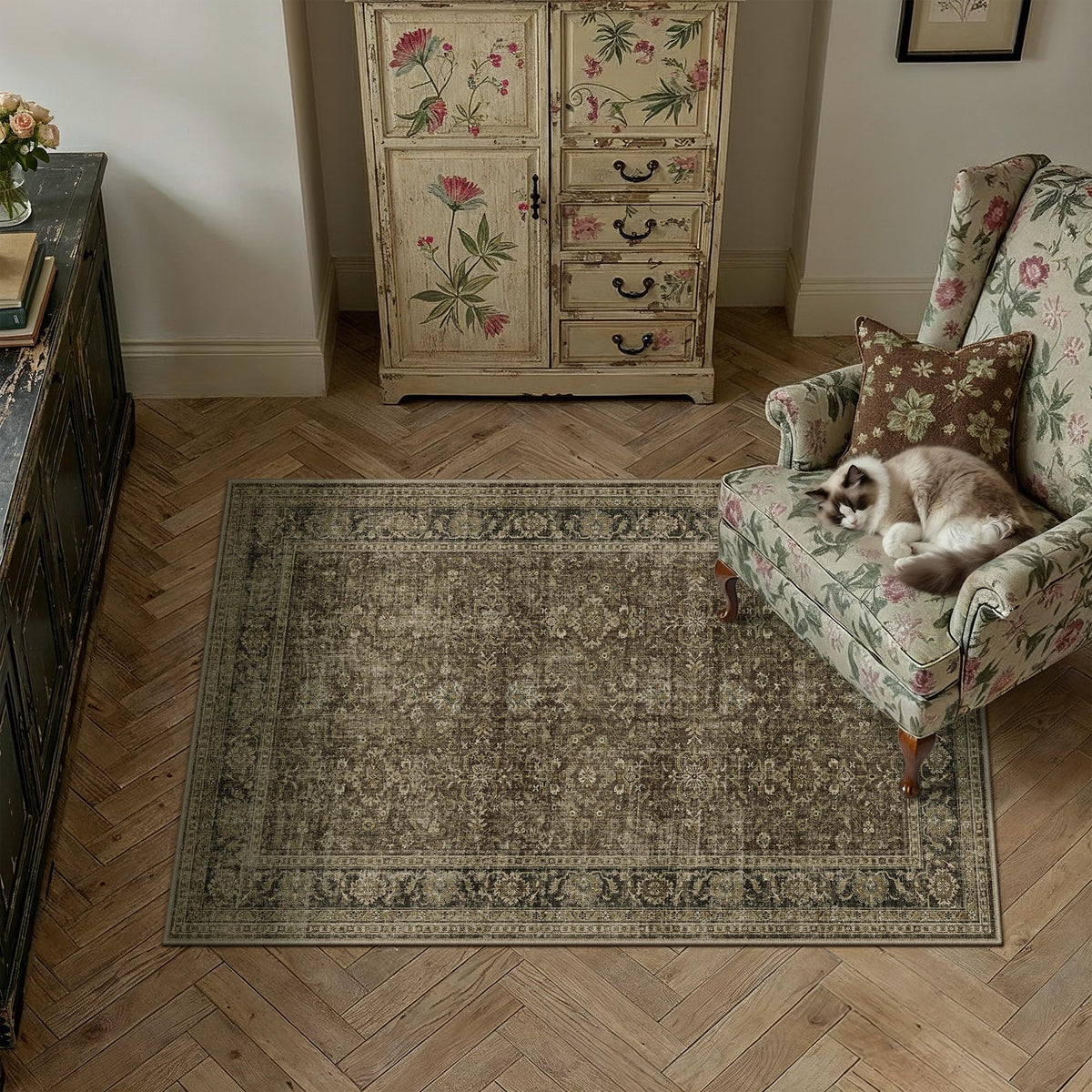 8x10 Dark Brown Vintage Area Rug