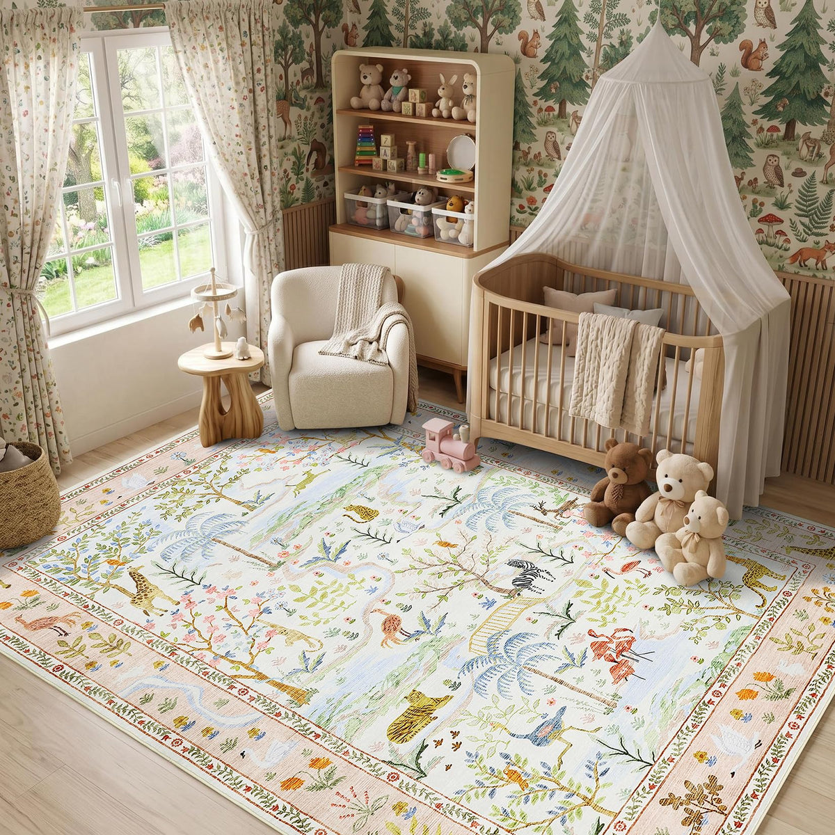 Washable Area Rug 5x7 Green Animal Print Rugs for Nursery Non Slip Stain Resistant Forest Fairy Tale Throw Carpet Low Pile Whimsical Safari Area Rugs for Entryway Girls Bedroom Dining Room, Green