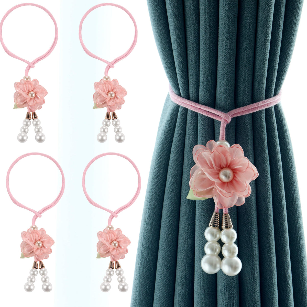Adjustable Curtain Tiebacks， 4-Pack Hand-Woven Rope with Silk Flower & Pearl， Decorative Window Cord Holders for Drapery， Long Loop Design for All Curtain Thickness (Purple)