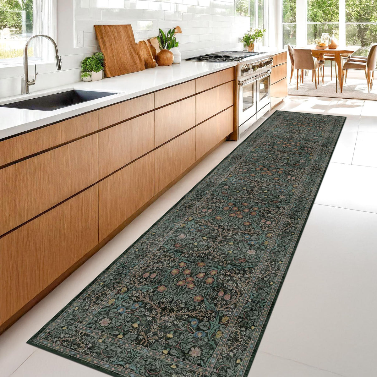 Floral Dark Green Washable Area Rugs 8x10, Vintage Living Room Rug