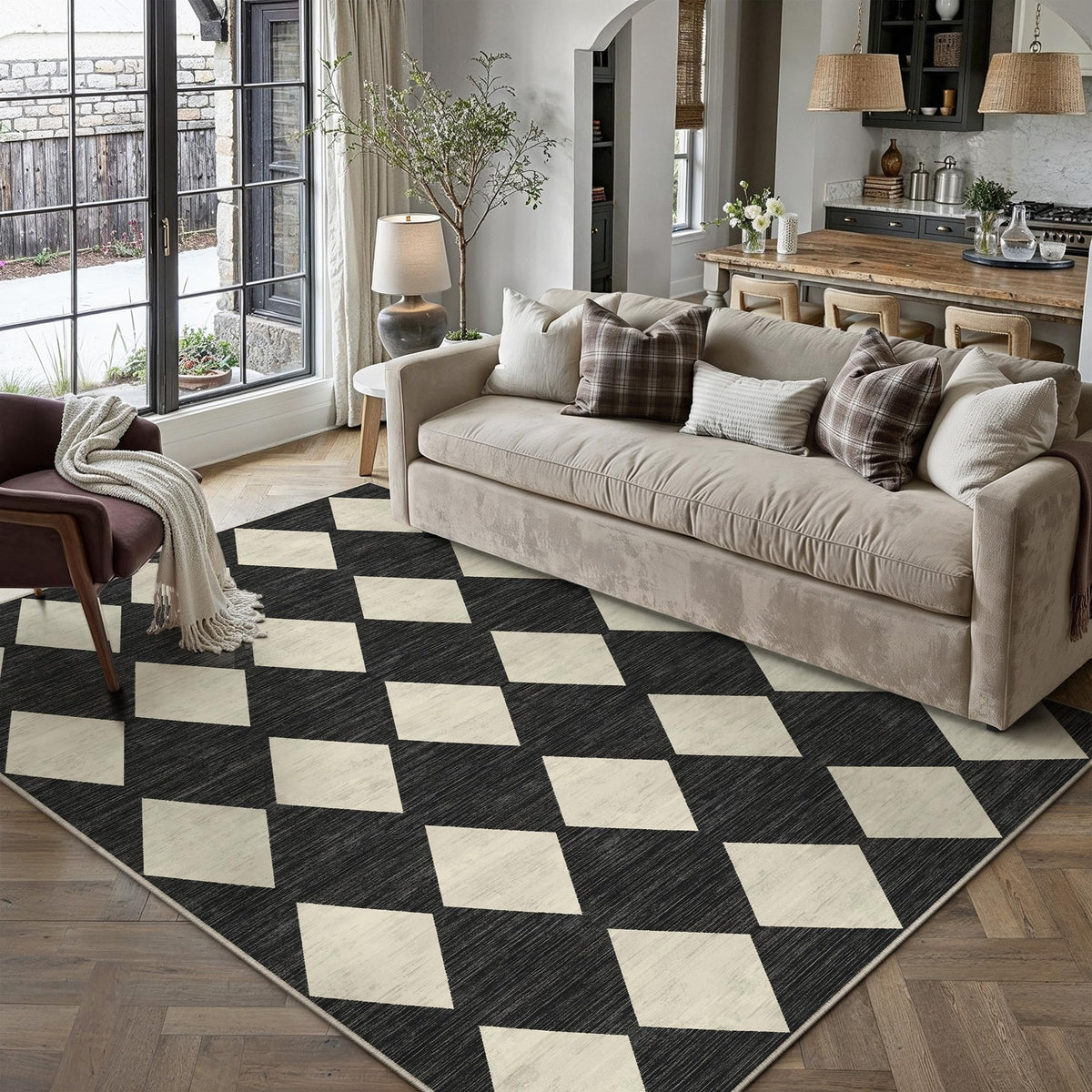 PureCozy 8x10 Washable Area Rug Living Room Beige Non Slip Checkered Carpet
